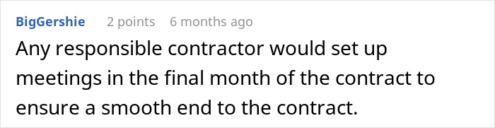 A user comment from BigGershie about a contractor's responsibility, relating to the employee walks away scenario.