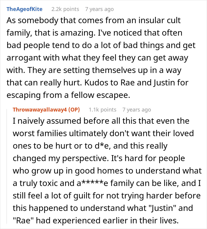 Reddit comment praising escape from insular cult family