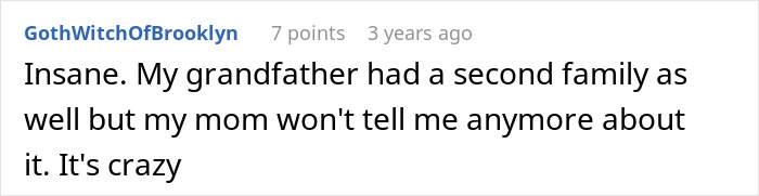 A Reddit comment from GothWitchOfBrooklyn discussing a grandfather having a second family, mirroring the article's theme.