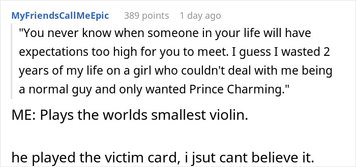 Comment about wasted years on unrealistic girlfriend expectations and playing victim in cyberbullying story