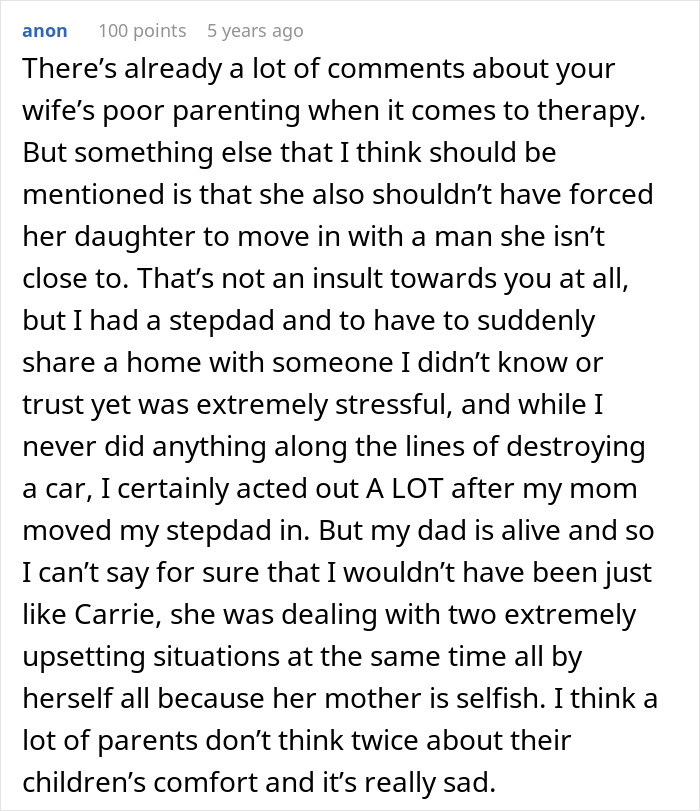 Comment discussing poor parenting and stress of moving in with a stepdad