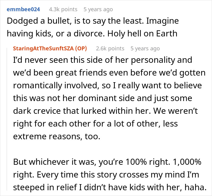 Reddit comment discussing relief after ending relationship with difficult fiancée Reddit comment discussing relief after ending relationship with difficult fiancée