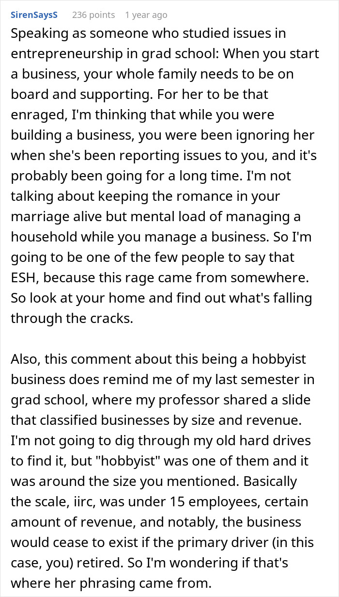A Reddit comment discusses entrepreneurial support, mental load, and business classifications, touching on a man's deflated feelings.