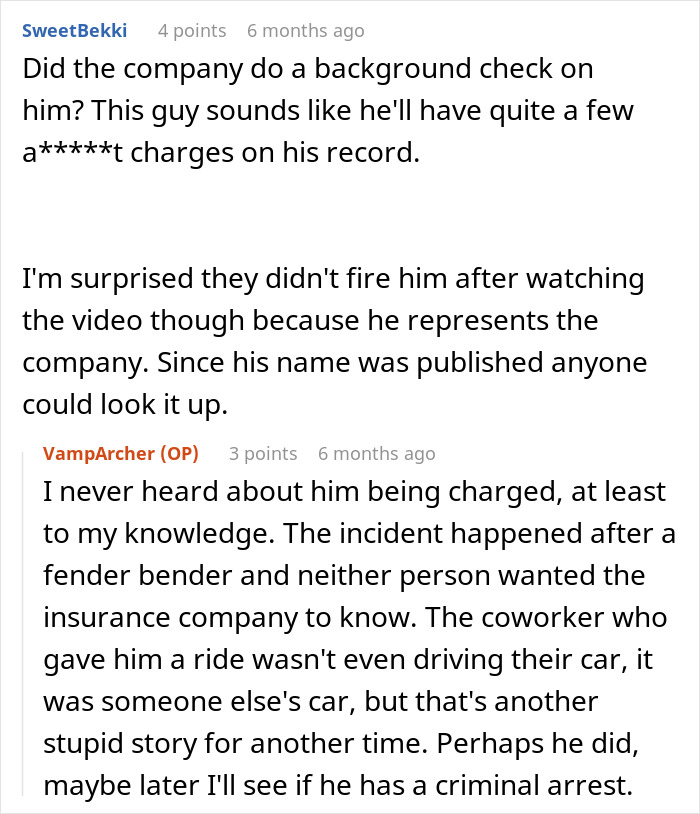 Reddit comments discussing a coworker from hell, background checks, and potential criminal charges after asking for a ride home.