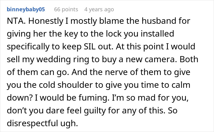 A Reddit comment from "binneybaby05" criticizing a husband's suggested fix for an irresponsible sister-in-law situation.