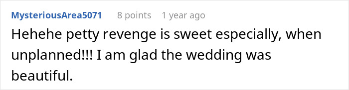 Comment praising petty revenge and beautiful wedding Comment praising petty revenge and beautiful wedding