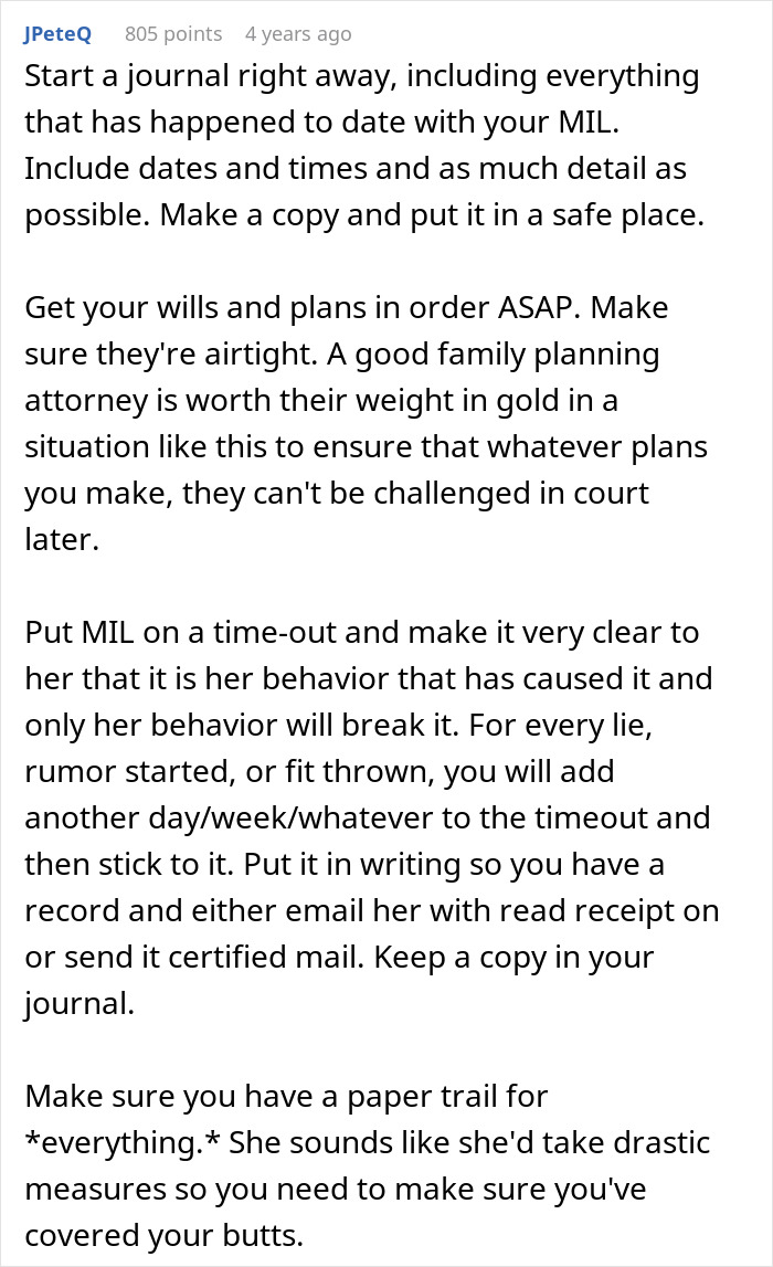 A Reddit post offering advice to someone dealing with a MIL unhinged over circumcision, suggesting journaling and legal plans.