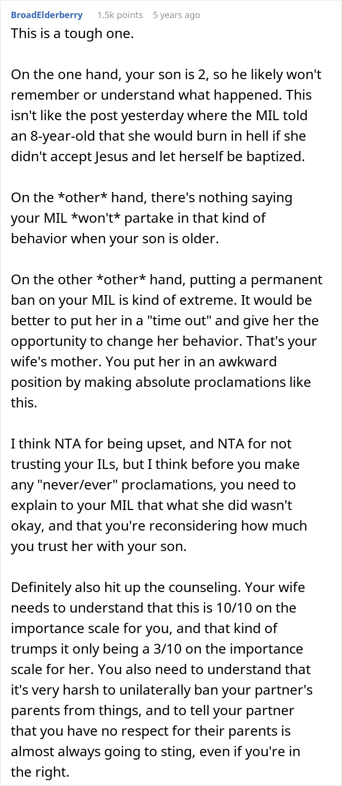 A Reddit post discusses a MIL secretly baptizing a child, leading to a dad's meltdown, and ways to handle such family conflict.