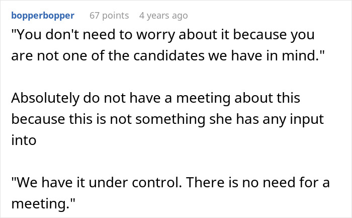 A Reddit post with a username bopperbopper, showing three quoted statements regarding someone not needing to worry. This relates to a grandchild's disownment.