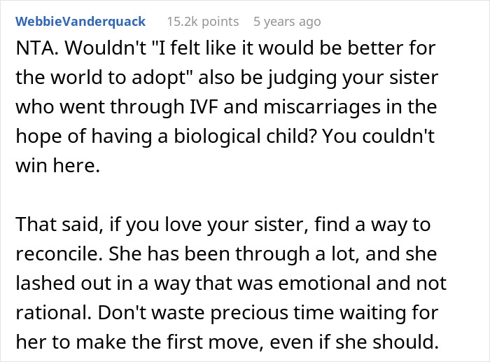 Reddit comment discussing adoption and fertility issues in family conflict Reddit comment discussing adoption and fertility issues in family conflict
