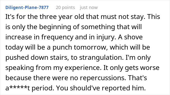 A user comment by Diligent-Plane-7877 discussing domestic violence escalation: a shove can lead to further injury. A user comment by Diligent-Plane-7877 discussing domestic violence escalation: a shove can lead to further injury.