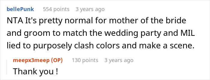 Comment about MIL clashing with wedding colors intentionally Comment about MIL clashing with wedding colors intentionally