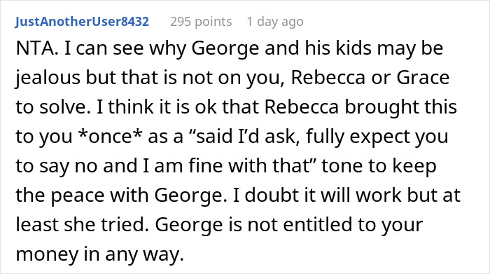 A Reddit comment on a white background, discussing a wealthy woman, spoiling her niece, and stepsiblings' jealousy.