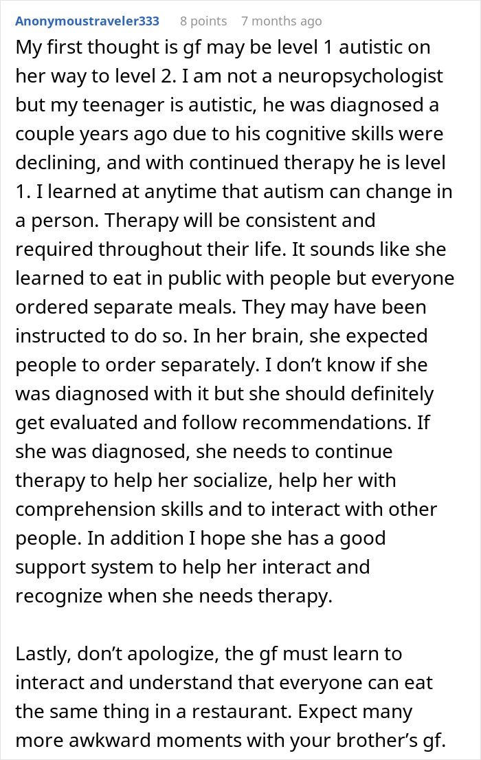 Comment suggesting girlfriend may be autistic with advice for therapy
