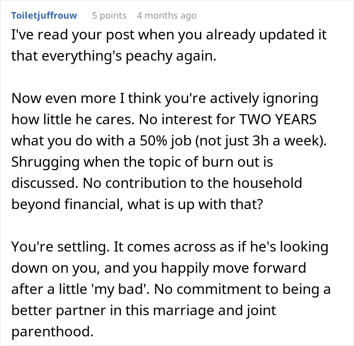 A Reddit comment criticizing a husband's lack of interest in his wife's job, highlighted by her refusal to discuss it.