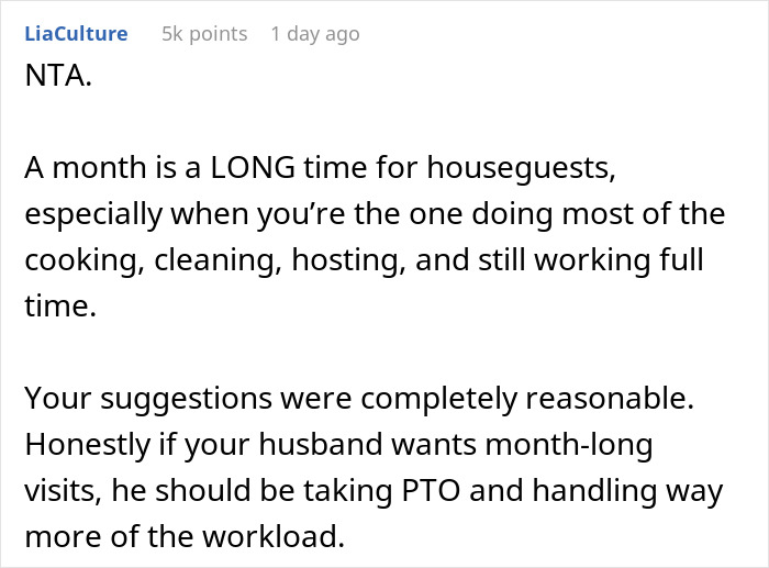 Comment on long houseguests causing stress and need for husband to share workload Comment on long houseguests causing stress and need for husband to share workload