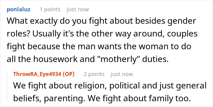 Comments discussing fights about gender roles and family in marriage