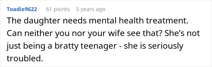 Comments on mental health treatment for teenage stepdaughter in legal dispute
