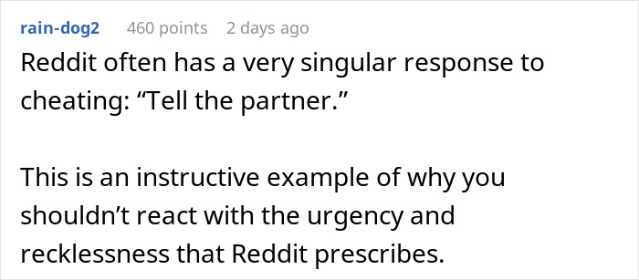 A Reddit post discusses cheating and the urgency of revealing an affair, often leading to breakups across the family.