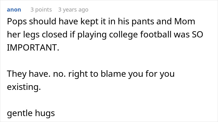 Comment condemning parents for blaming child for their existence and toxic behavior