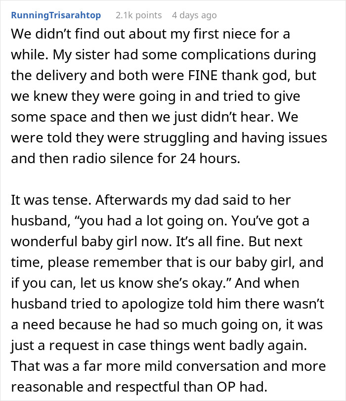 A Reddit post about a daughter informing parents about giving birth, discussing birth complications and communication issues.