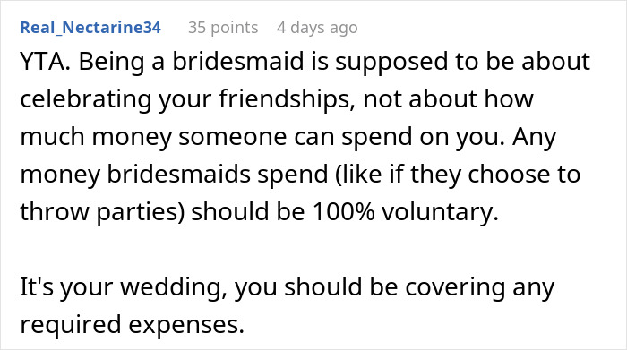 Comment discussing bridesmaid roles and wedding expense responsibilities Comment discussing bridesmaid roles and wedding expense responsibilities