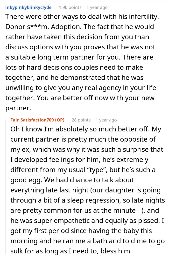 Comment discussing infertility and partner suitability in a 10-year relationship