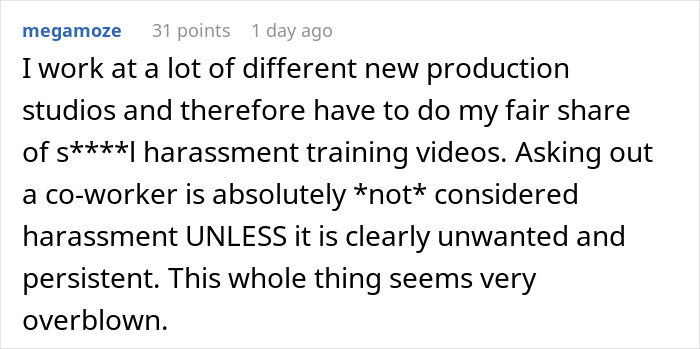 A Reddit comment from user "megamoze" discussing if a lunch invite can be a date, and how s****l harassment training works.