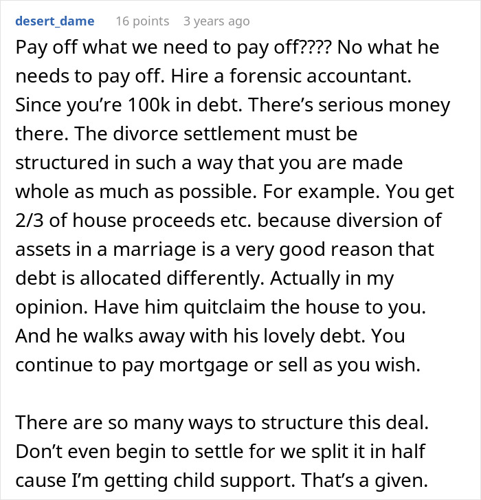 Text discussing a wife's financial nightmare related to divorce and a second family, offering advice on asset division.