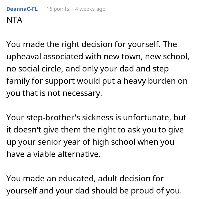 Comment praising educated decision prioritizing education over family demands