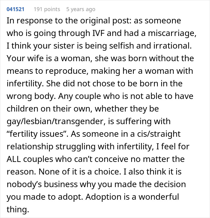 Comment discussing infertility, adoption, and supportive response to fertility issues Comment discussing infertility, adoption, and supportive response to fertility issues