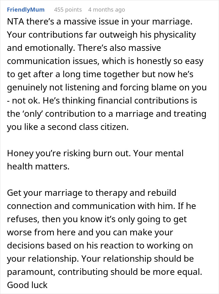 Reddit comment advising a wife about her husband's disinterest in her job, urging therapy for their marriage.