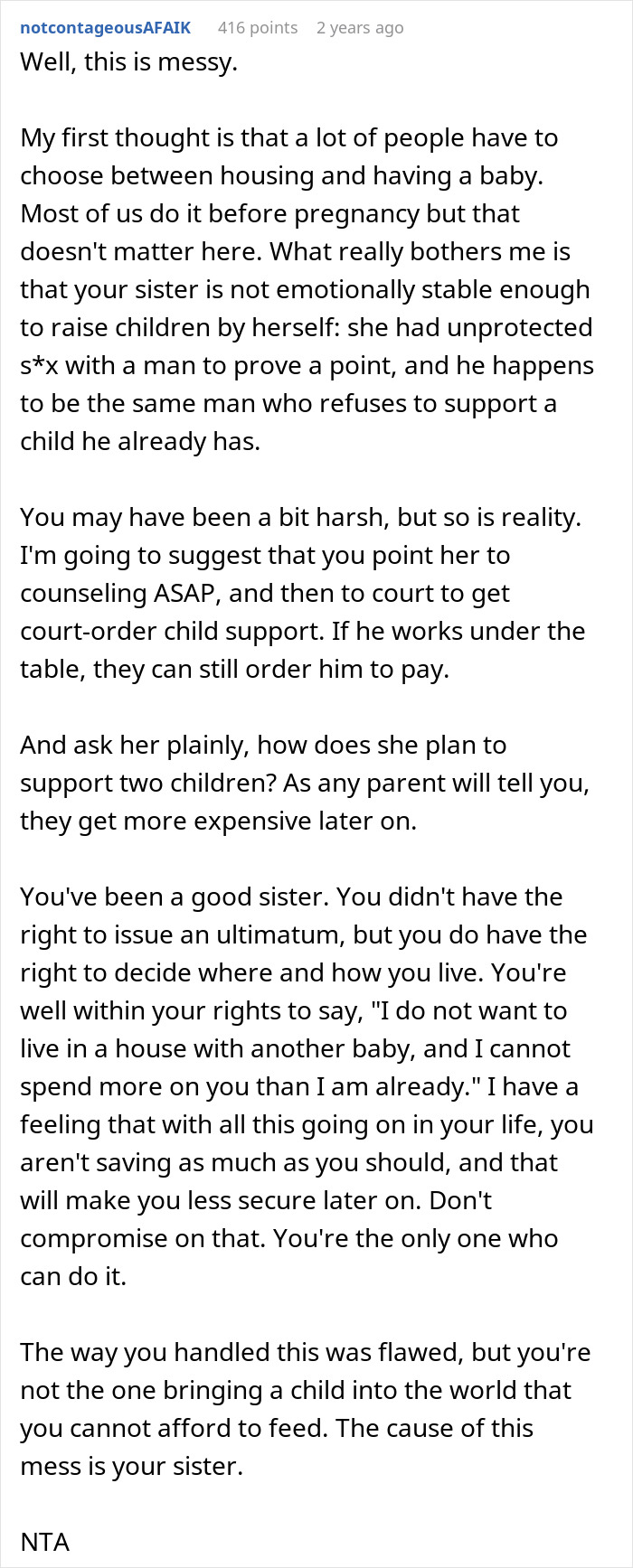 Reddit comment on emotional stability, child support, and family rent ultimatum