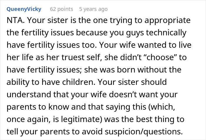 Comment stating sister appropriates fertility issues and supporting wife's choice Comment stating sister appropriates fertility issues and supporting wife's choice