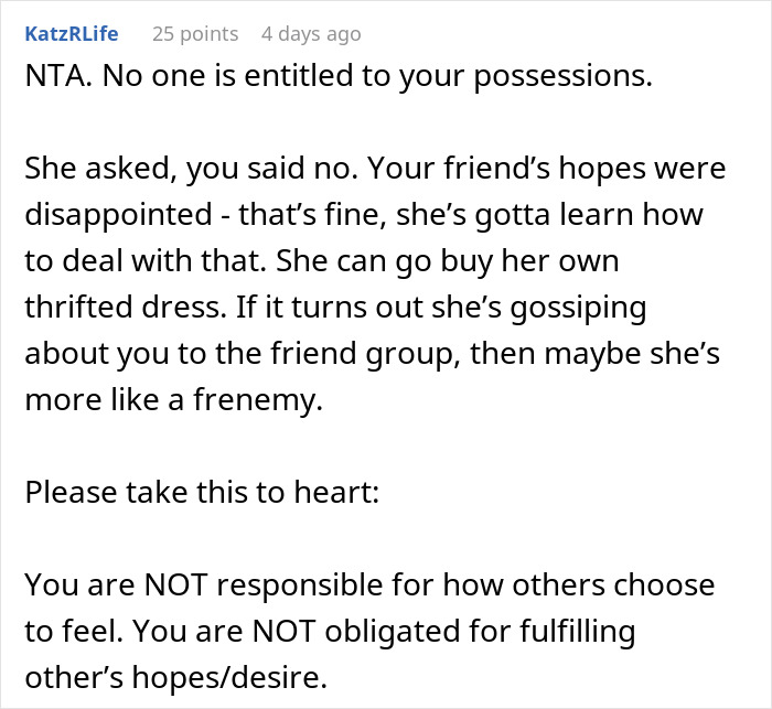 Comment stating no one is entitled to possessions like wedding dress Comment stating no one is entitled to possessions like wedding dress