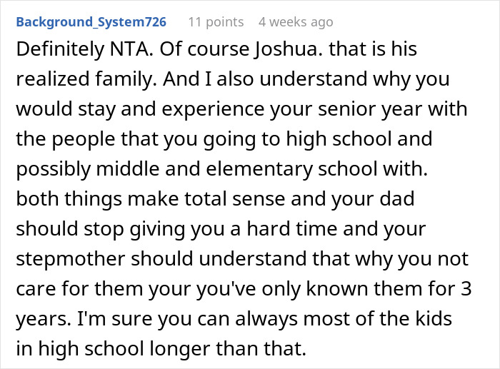 Supportive comment on teen prioritizing education over stepfamily relationships