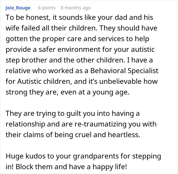 A comment on a post discusses issues within a blended family, offering advice and support.