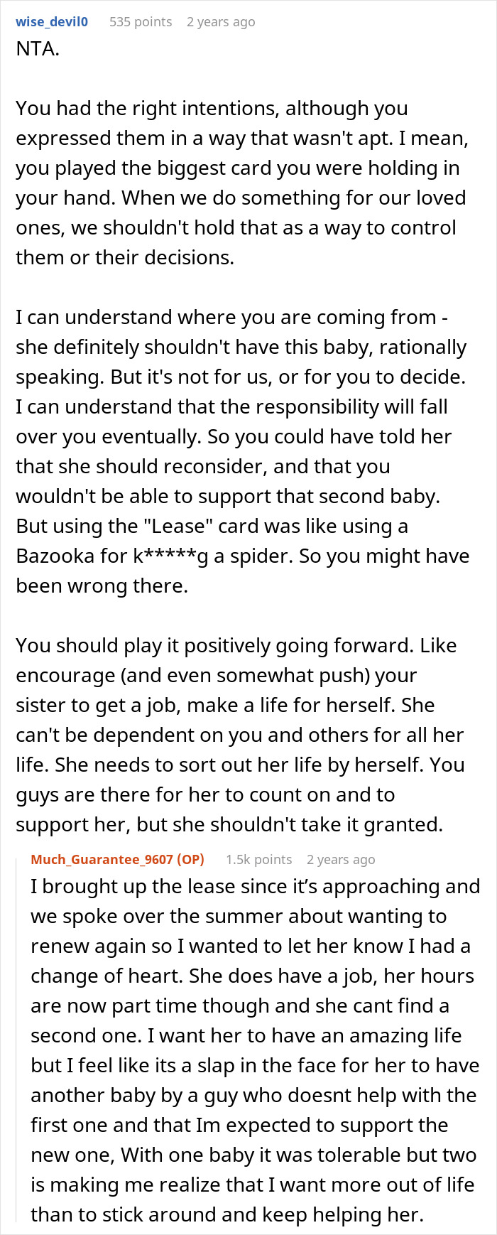 Detailed Reddit comment on lease ultimatum and sister's pregnancy