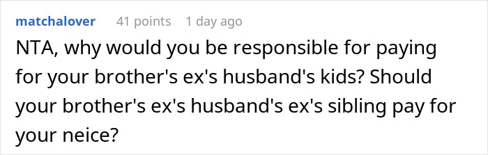 A comment from matchalover, earning 41 points, questions responsibility for spoiling niece and stepsiblings.