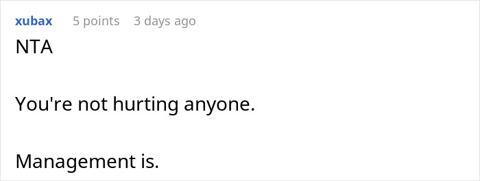 A user comment stating "NTA, You're not hurting anyone. Management is." referencing the budget burden developer issue.