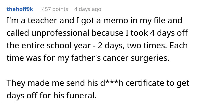 Teacher gets reprimanded and required to provide d***h certificate for funeral leave