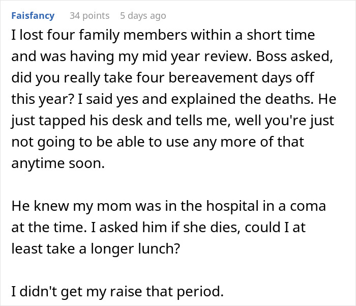 Employee recounts boss denying further bereavement days after family deaths
