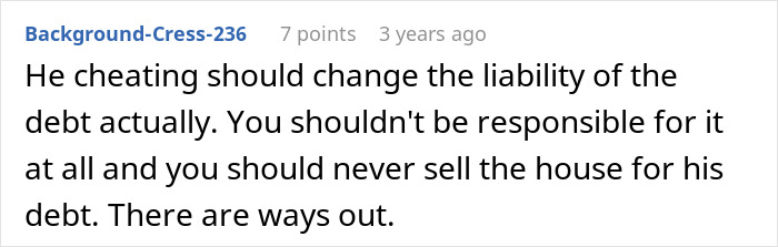 A Reddit comment advising about debt liability after a husband&rsquo;s cheating and having a second family.