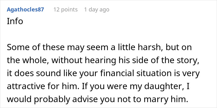 Comment advising against marriage due to financial situation