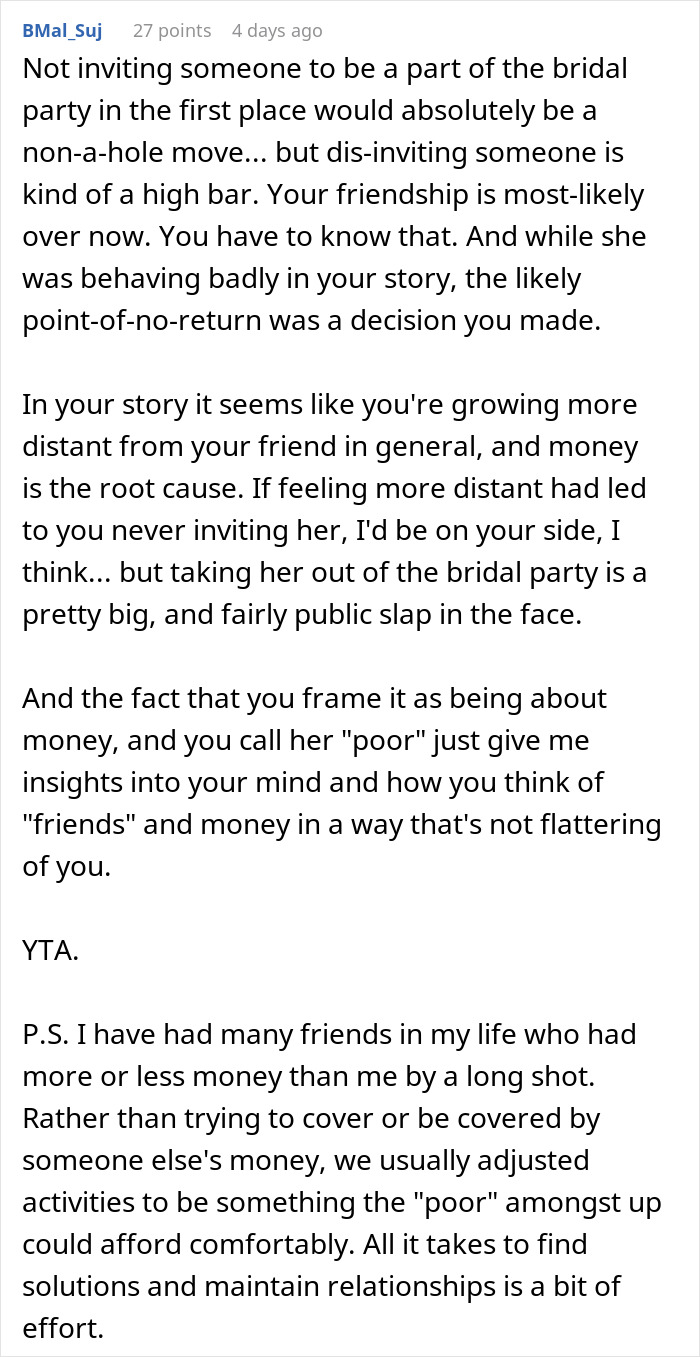 Comment explaining the impact of excluding a friend from the bridal party Comment explaining the impact of excluding a friend from the bridal party