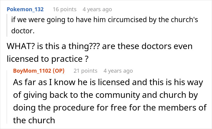 A Reddit discussion about a baby's circumcision by a church doctor. The post addresses concerns about the doctor's licensure.