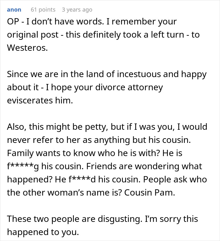 A Reddit comment describing a financial nightmare of a second family and a husband with his cousin.