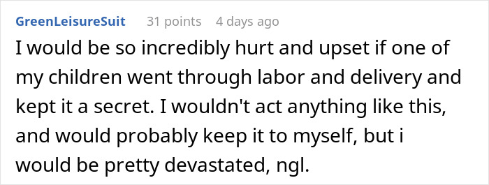 A Reddit comment expressing devastation if a child kept their birth a secret, highlighting parents furious when daughter informs them about giving birth.