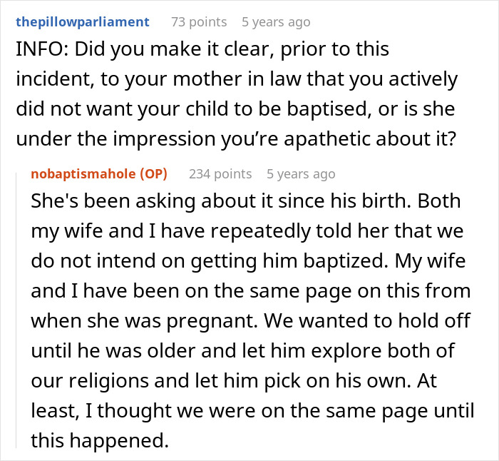 Reddit discussion about a MIL secretly baptized their child, leading to a dad's meltdown.