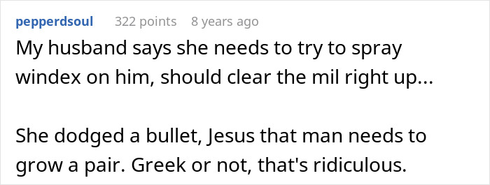Comment suggesting spraying Windex to deter controlling mother-in-law Comment suggesting spraying Windex to deter controlling mother-in-law